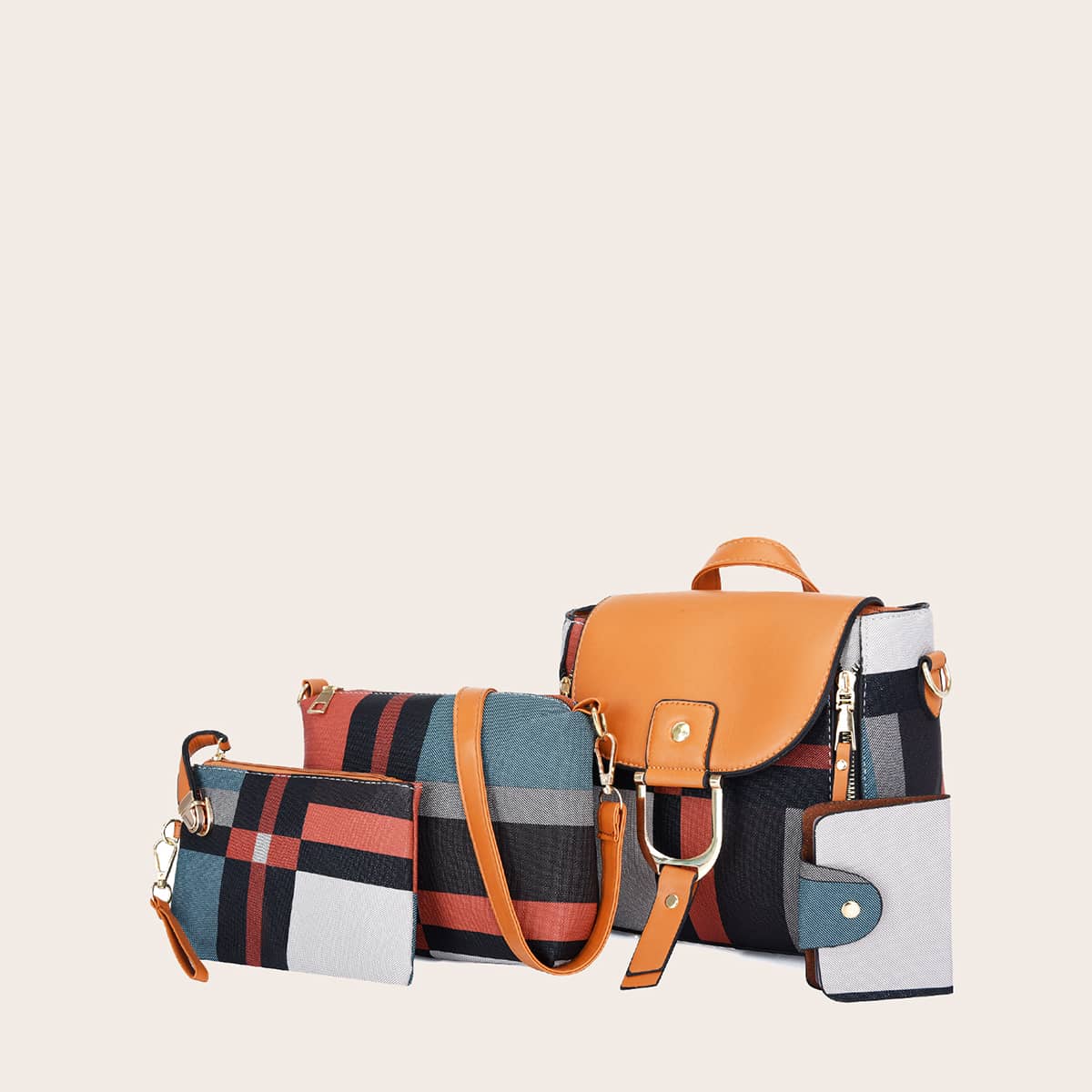 

4pcs Color Block Backpack Set, Multicolor