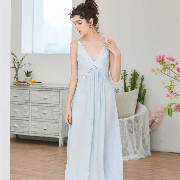

Contrast Lace Panel Cami Dress, Pastel baby blue