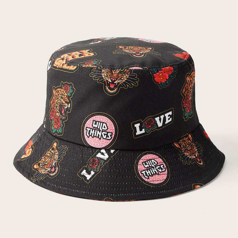 

Letter & Tiger Print Bucket Hat, Black