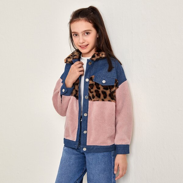 

Girls Leopard Faux Fur Collar Buttoned Front Teddy Panel Jacket, Multicolor