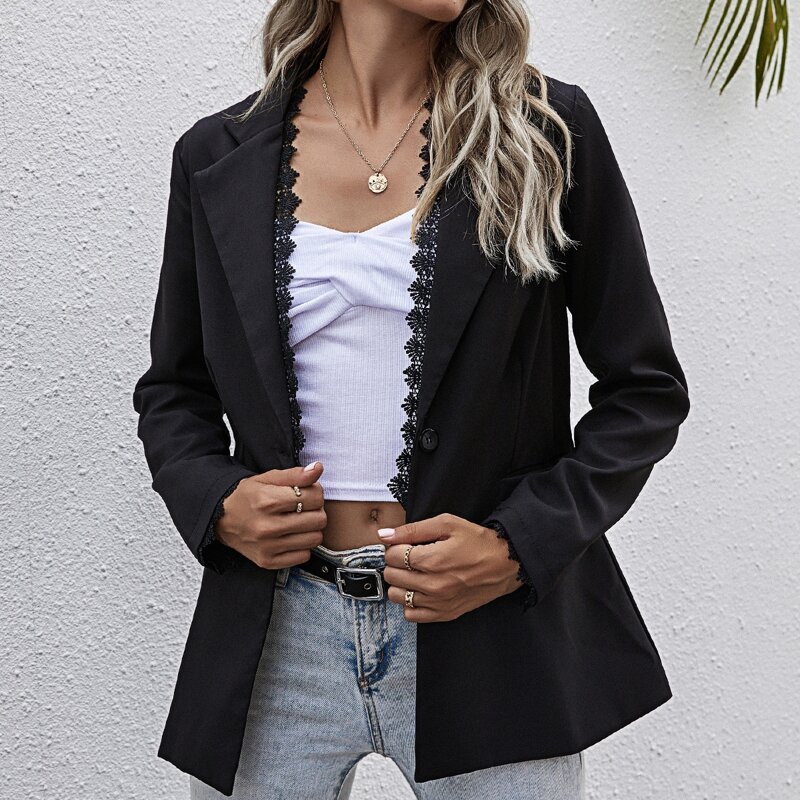 

Contrast Lace Single Button Blazer, Black