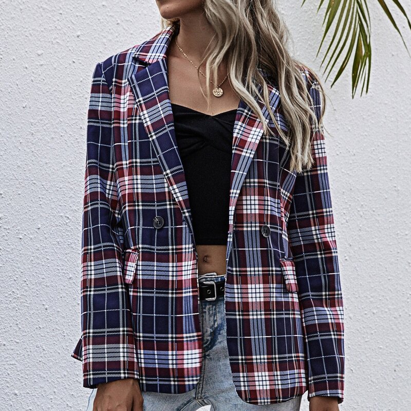 

Plaid Double Button Lapel Collar Blazer, Multicolor