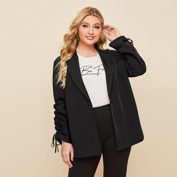 

Plus Lapel Collar Drawstring Ruched Sleeve Blazer, Black