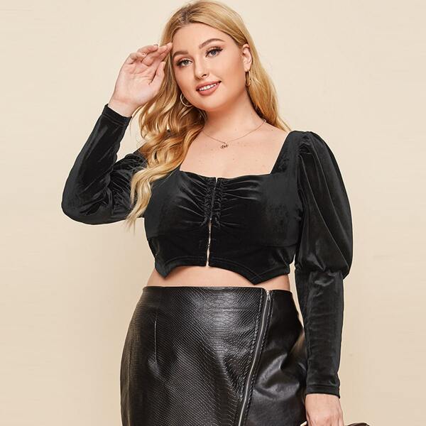 

Plus Gigot Sleeve Ruched Front Velvet Crop Top, Black