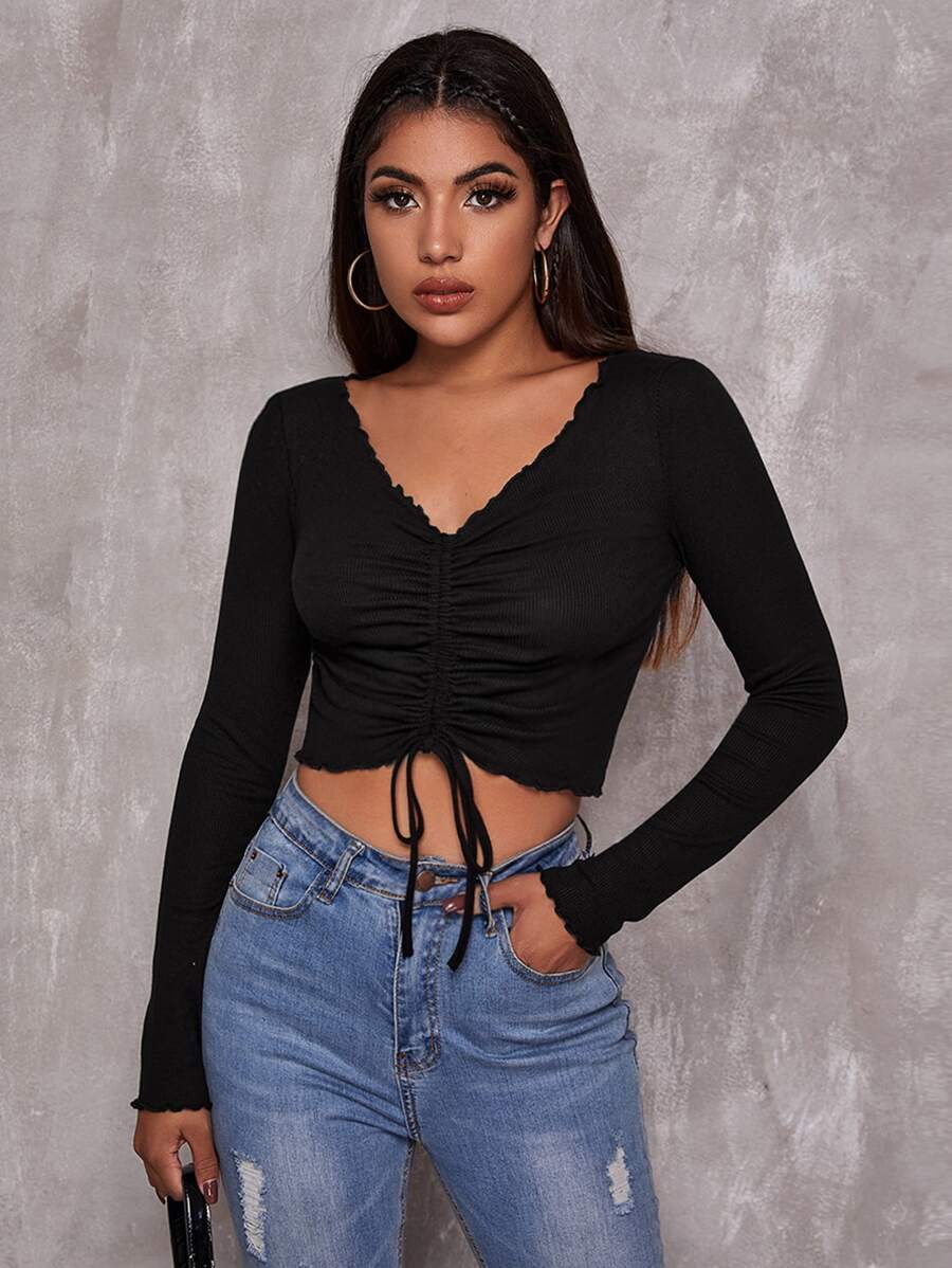 SHEIN Essnce Camiseta unicolor con fruncido delantero con cordón ribete en forma de lechuga - Negro - Ver 1
