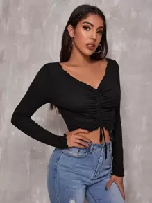 SHEIN Essnce Camiseta unicolor con fruncido delantero con cordón ribete en forma de lechuga - Negro - Ver 3