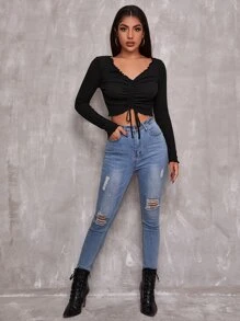 SHEIN Essnce Camiseta unicolor con fruncido delantero con cordón ribete en forma de lechuga - Negro - Ver 4