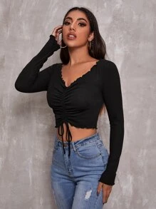SHEIN Essnce Camiseta unicolor con fruncido delantero con cordón ribete en forma de lechuga - Negro - Ver 5