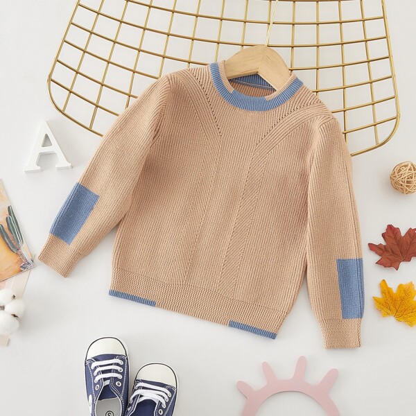 

Baby Boy Contrast Panel Crew Neck Sweater, Apricot