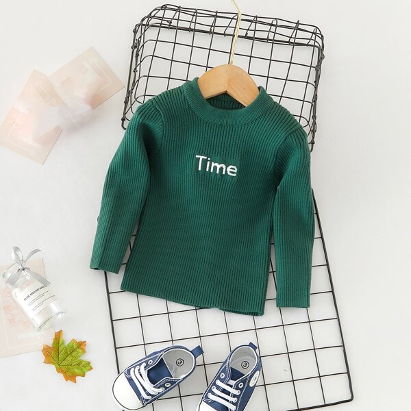 

Baby Boy Letter Graphic Ribbed Knit Sweater, Dark green