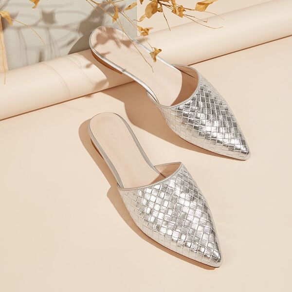 

Metallic Woven Flat Mules, Silver