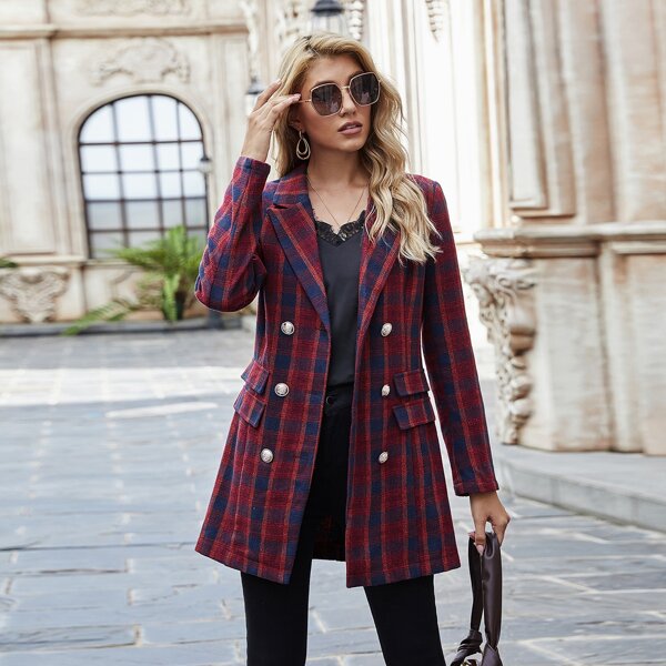 

Plaid Flap Detail Double Breasted Overcoat, Multicolor