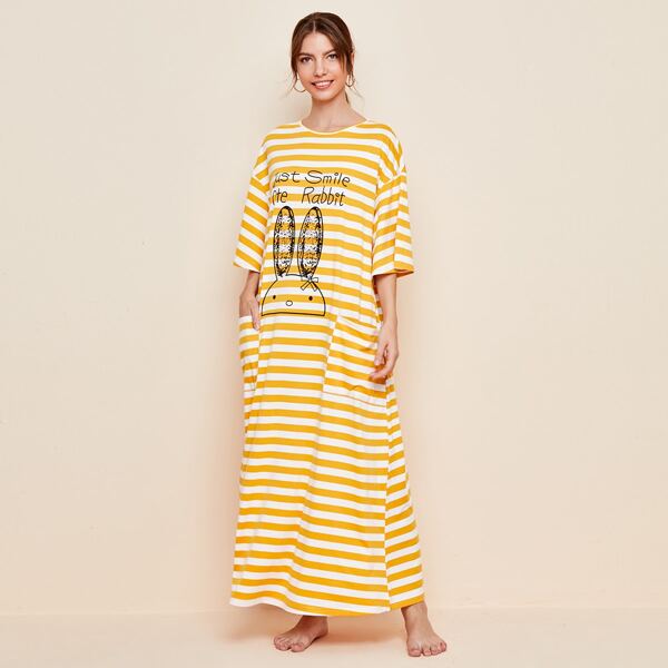 

Slogan and Rabbit Print Two Tone Striped Nightdress, Multicolor