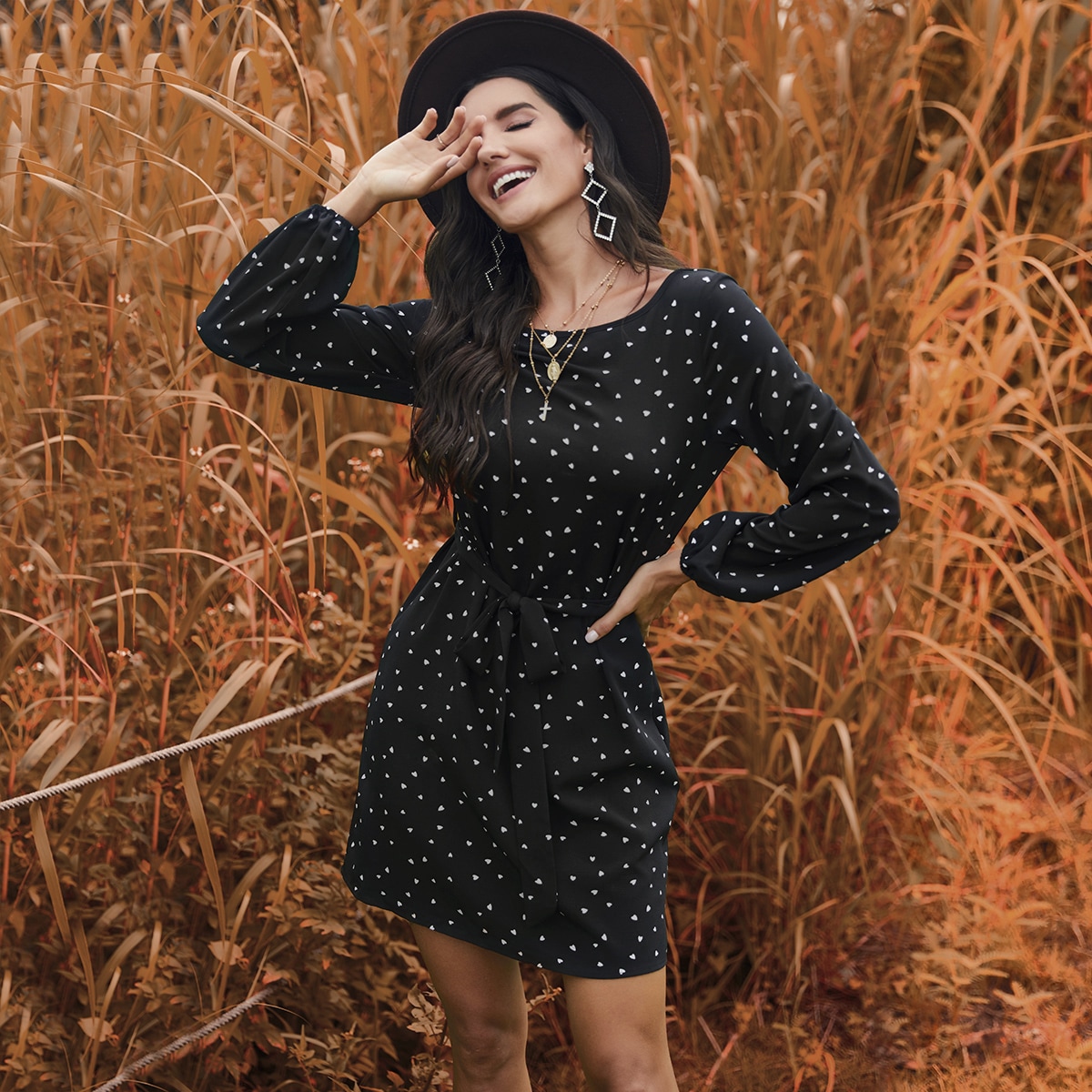 Image of Allover Heart Print Belted Dress