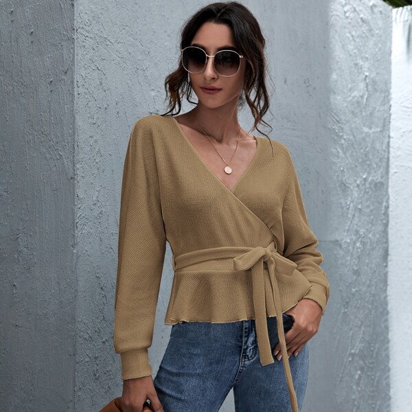 

Ruffle Hem Belted Sweater, Camel