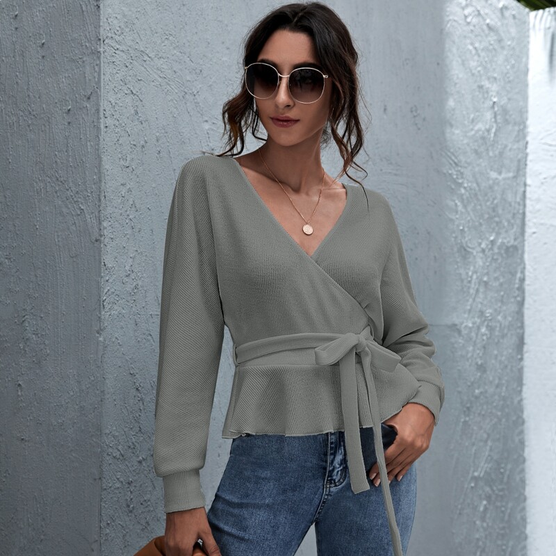 

Ruffle Hem Belted Sweater, Grey