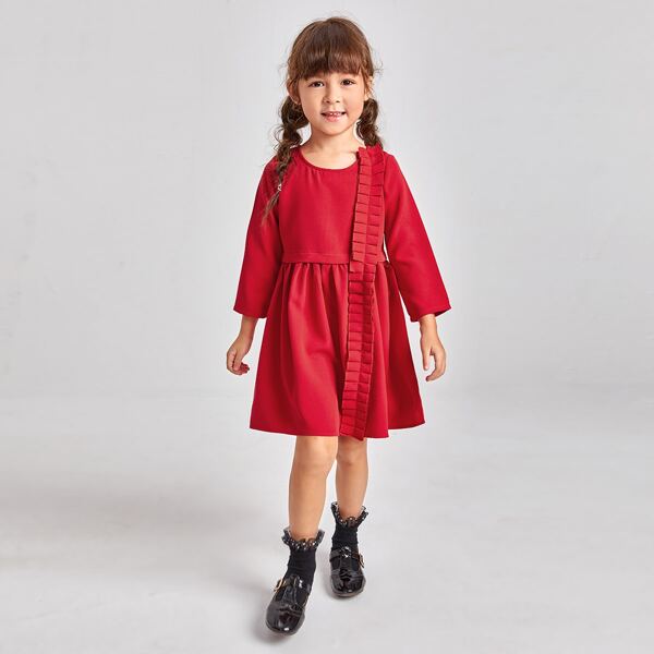 

Toddler Girls Ruffle Trim Zip Back Smock Dress, Rose red