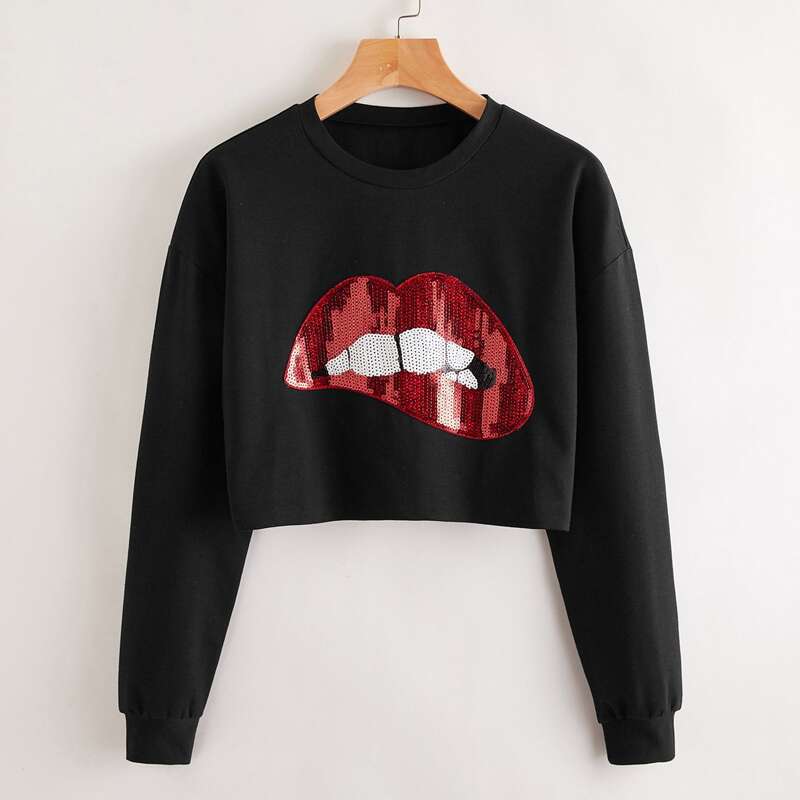 

Drop Shoulder Sequin Mouth Crop Pullover, Black