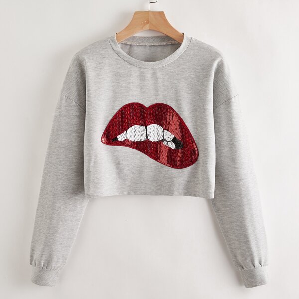

Drop Shoulder Sequin Mouth Crop Pullover, Light grey