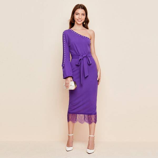 

One Shoulder Split Lantern Sleeve Pearl Beaded Lace Hem Belted Dress, Bright violet purple