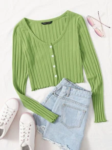Muchica Button Placket Lettuce Trim Crop Top - Lime Green - View 1