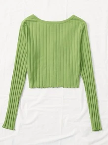 Muchica Button Placket Lettuce Trim Crop Top - Lime Green - View 2