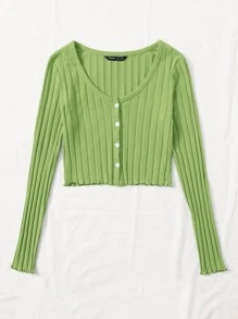 Muchica Button Placket Lettuce Trim Crop Top - Lime Green - View 3
