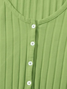 Muchica Button Placket Lettuce Trim Crop Top - Lime Green - View 5
