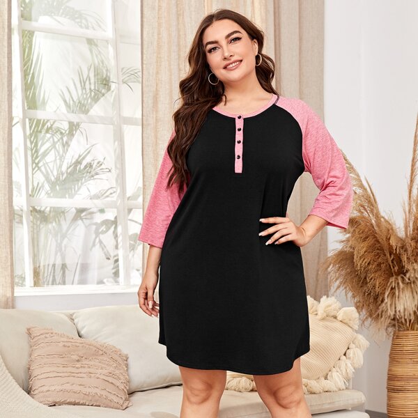 

Plus Contrast Raglan Sleeve Button Night Dress, Black