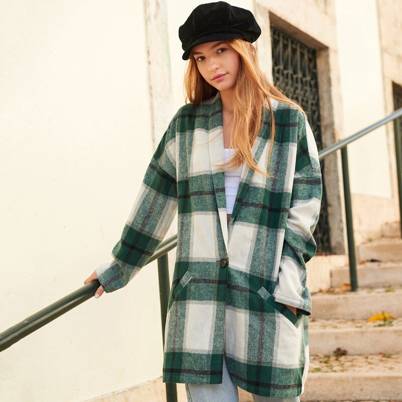 

Shawl Collar Pocket Detail Plaid Coat, Multicolor