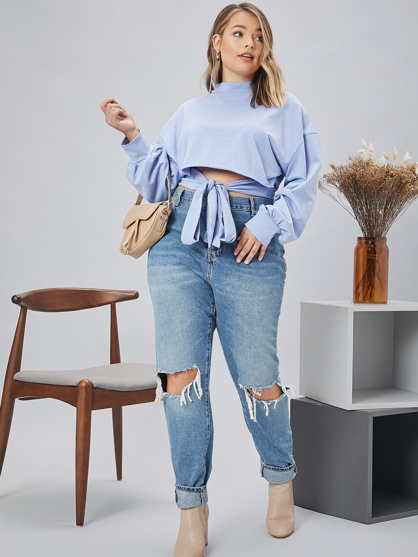 Plus Mock Neck Drop Shoulder Knot Hem Crop Top thumbnail