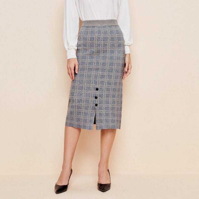 

Button Detail Split Front Plaid Knitted Skirt, Grey