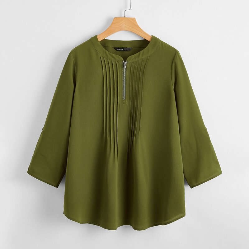 

Roll Tab Sleeve Half Zipper Placket Top, Army green
