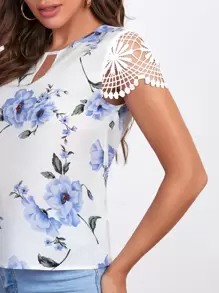 SHEIN Clasi Floral Print Embroidered Sleeve Cutout Top - White - View 3