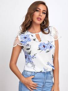 SHEIN Clasi Floral Print Embroidered Sleeve Cutout Top - White - View 5