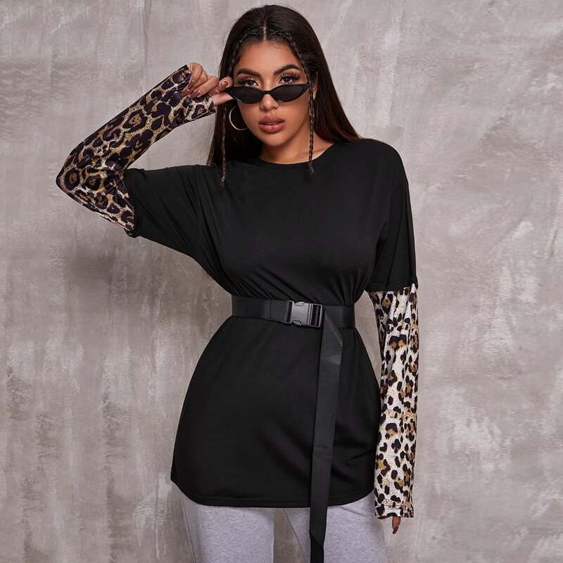 

2 In 1 Leopard Panel Self Tie Tee, Black