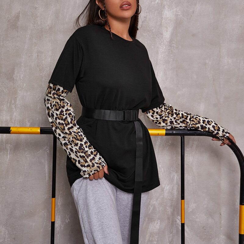 

2 In 1 Leopard Panel Self Tie Tee, Black
