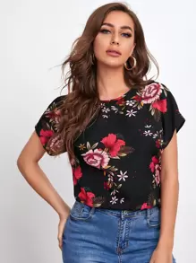 SHEIN Clasi Rose Print Dolman Sleeve Top - Black - View 1