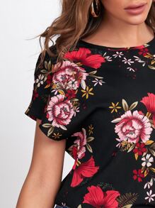 SHEIN Clasi Rose Print Dolman Sleeve Top - Black - View 5