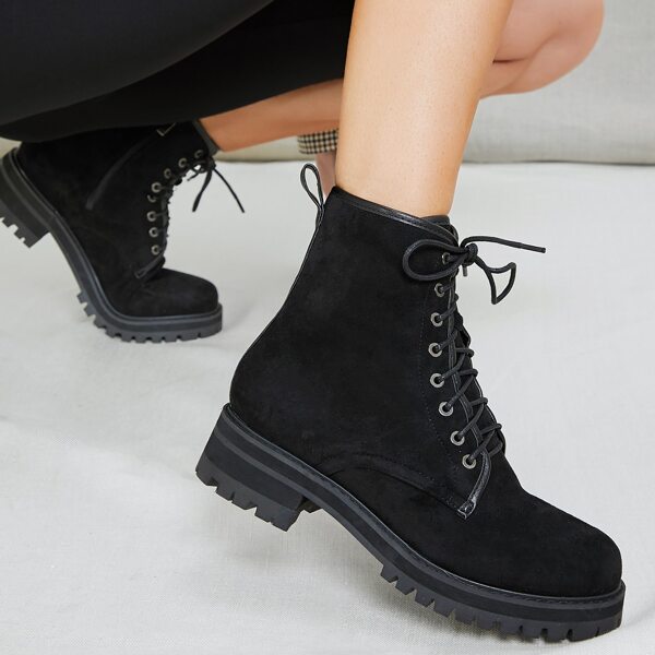 

Faux Suede Lace-Up Combat Boots, Black