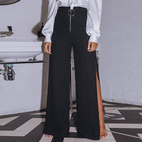 

O-ring Zip Up Split Thigh Wide Leg Pants, Black