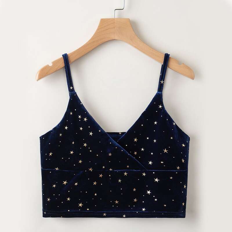 

Star Print Velvet Crop Cami, Navy blue