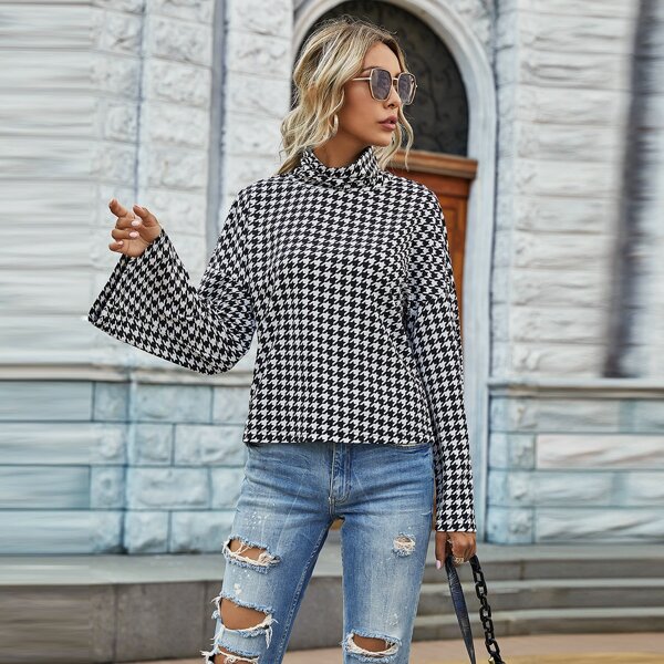 

High Neck Houndstooth Print Tee, Black and white