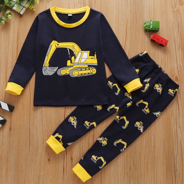 

Toddler Boys Excavator Print Ringer Tee & Sweatpants, Navy blue