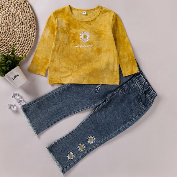 

Toddler Girls Flower And Letter Embroidered Tee & Jeans, Multicolor