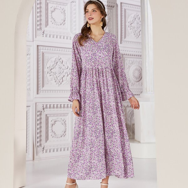 

Ditsy Floral Flounce Sleeve Smock Dress, Lilac purple