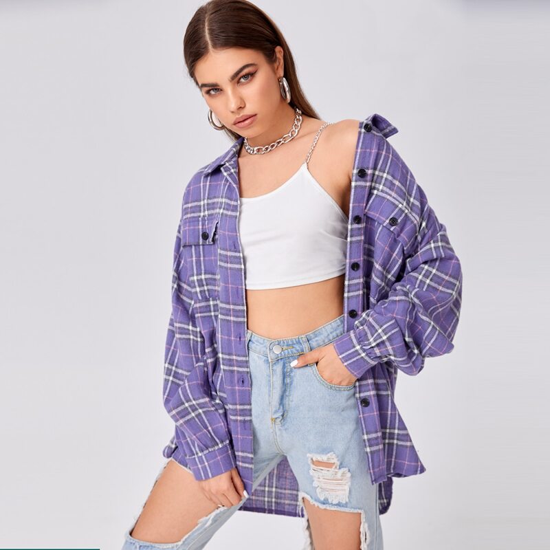 

Pocket Front Plaid Boyfriend Overshirt, Lilac purple
