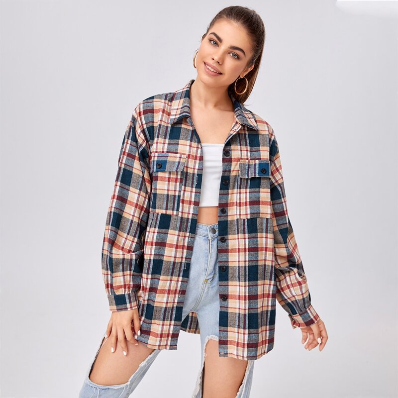 

Pocket Front Boyfriend Plaid Overshirt, Multicolor