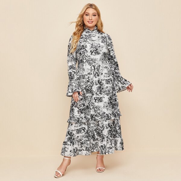 

Plus Landscape Print Flounce Sleeve Layered Ruffle Hem Maxi Dress, Black and white