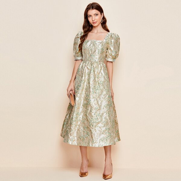 

Floral Jacquard Puff Sleeve Dress, Apricot
